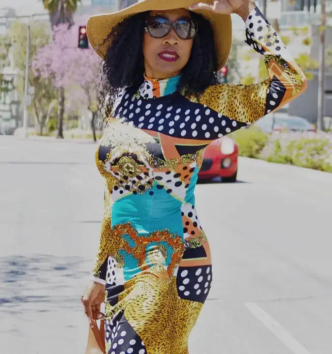 Press photo: Street, printed dress